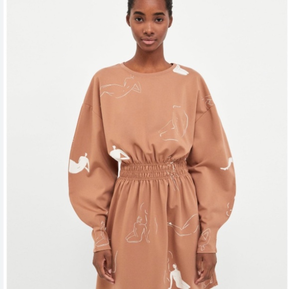 Zara Long Sleeves Dusty Pink Kimono Midi Dress With Abstract Female Drawing Sz M - Picture 2 of 9